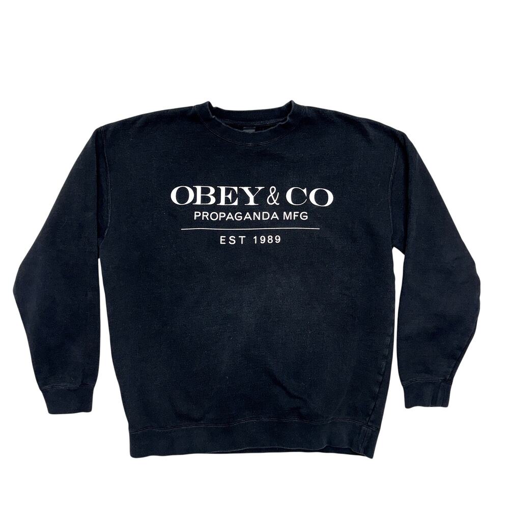 Obey & Co Sweatshirt Large Black Propaganda Crewneck Fleece Pullover USA Made